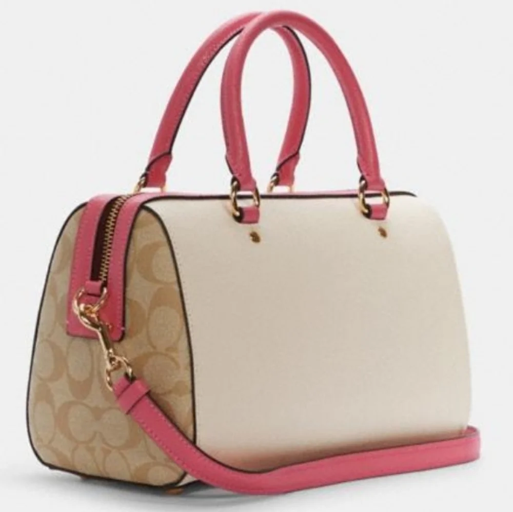 NWT Coach Colorblock Rowan Satchel Handbag Ivory/Pink/Red Leather Signature
